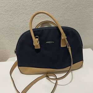 Oroton tan leather Blue Denim  women’s shoulder purse, zip close,